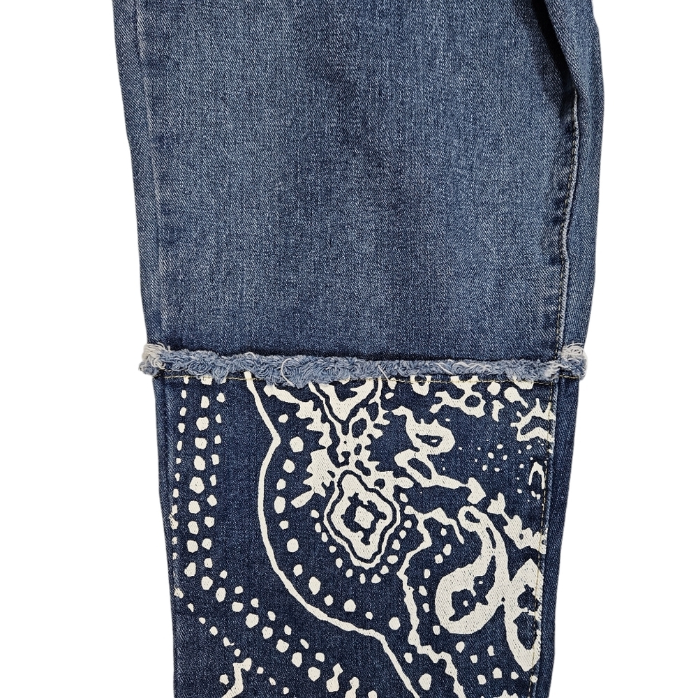Paisley Print Patchwork Jeans Size Large Raw Hem Colorblock Denim Straight Leg - Picture 8 of 16